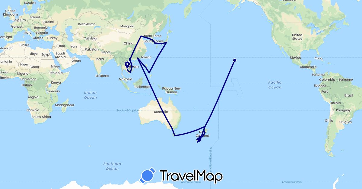 TravelMap itinerary: driving in Australia, China, Japan, Cambodia, South Korea, New Zealand, Philippines, United States, Vietnam (Asia, North America, Oceania)